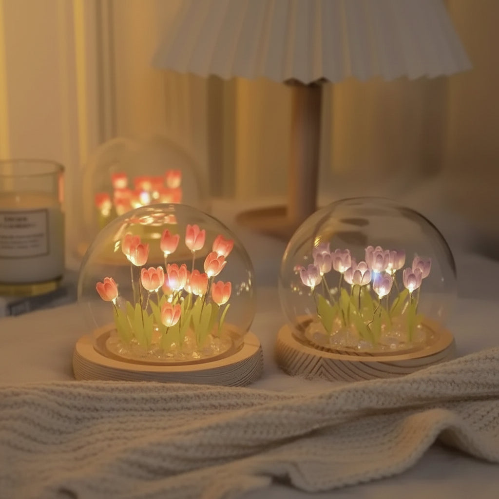 DIY Tulip Night Light Lamp With Glass Dome And Wooden Base