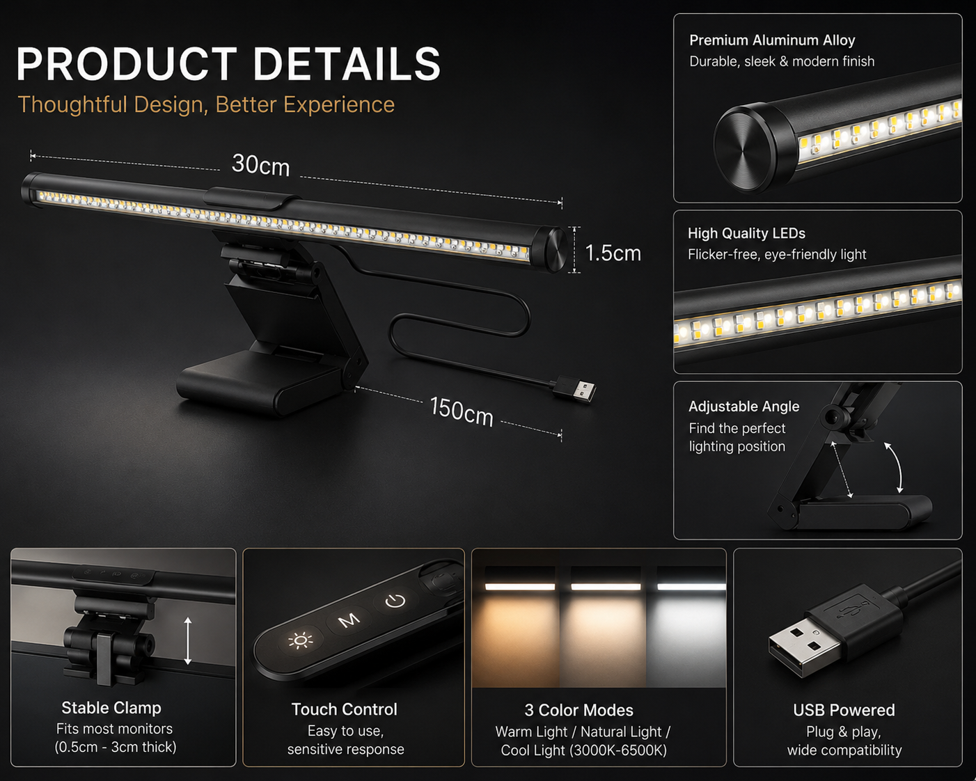 LED Monitor Light Bar — Eye-Care Dimmable Desk Lamp for Work & Gaming
