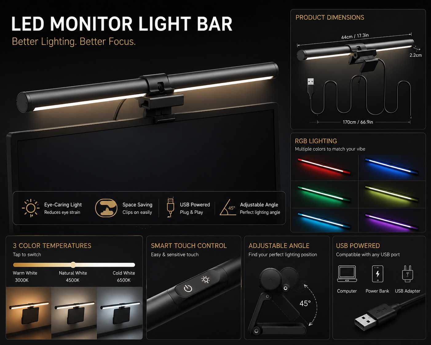 LED Monitor Light Bar — Eye-Care Dimmable Desk Lamp for Work & Gaming