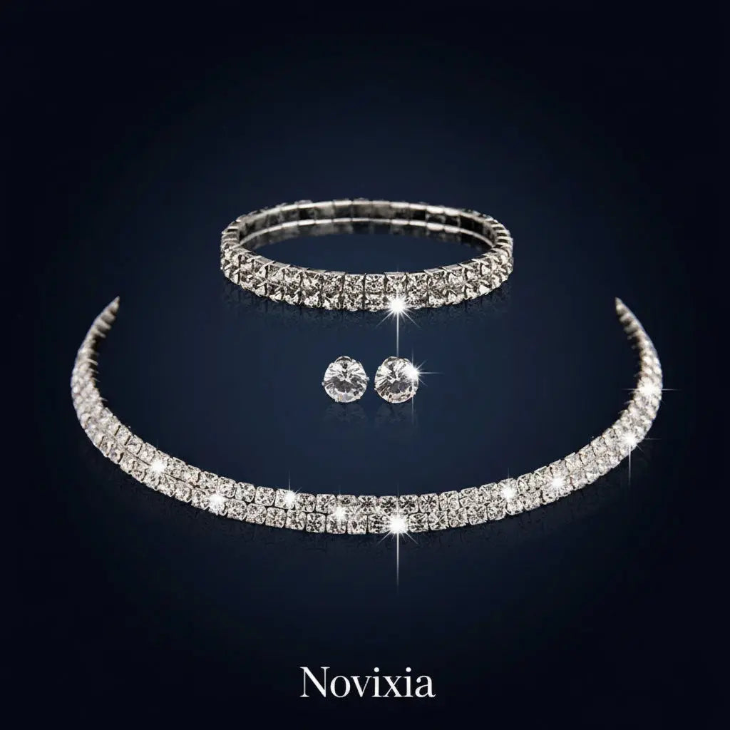 Jewelry set with choker, bracelet, and earrings on a black background