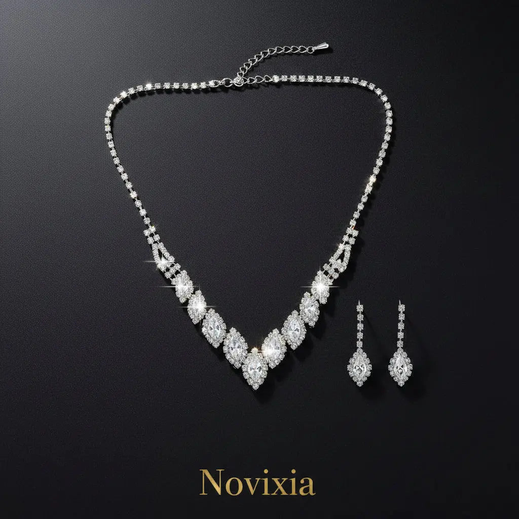 Jewelry set with necklace and earrings on a black background, showing measurements.