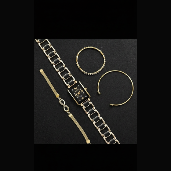 Gold bracelet and watch on a black background