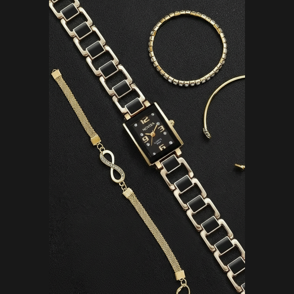 Vintage-style watch with gold and silver straps on a black background