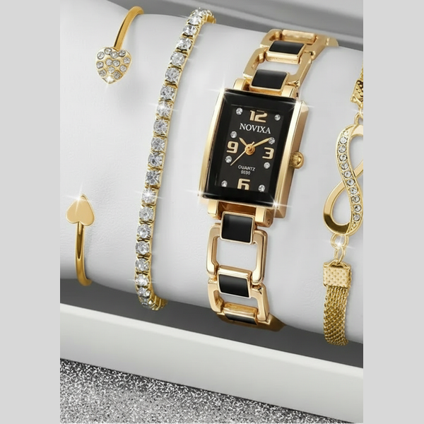 Gold watch and bracelets on a white surface with 'Boxes not included' text.