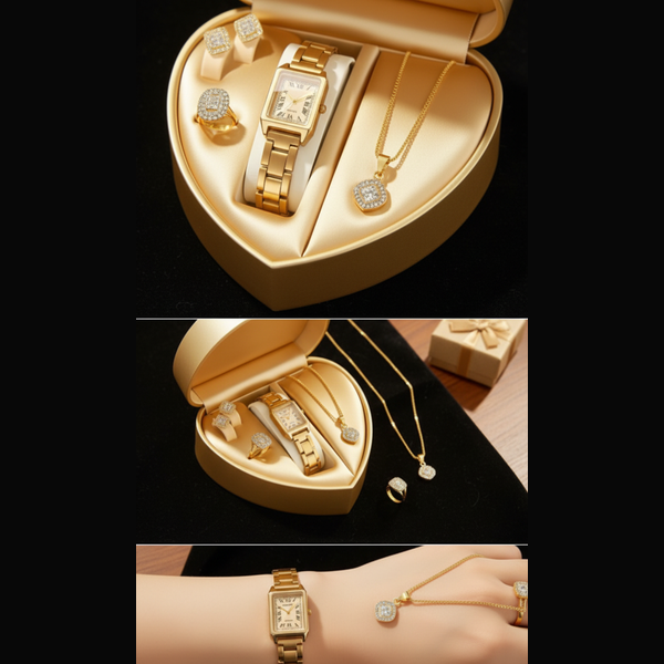 Gold watch, necklace, earrings, and cufflinks in a heart-shaped box with close-up of jewelry on wrist.