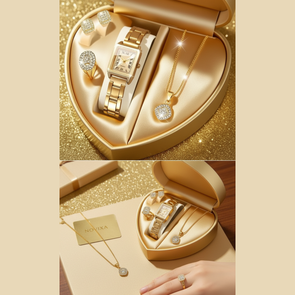 Gold jewelry set including watch, necklace, and ring in a heart-shaped box on a gold background.