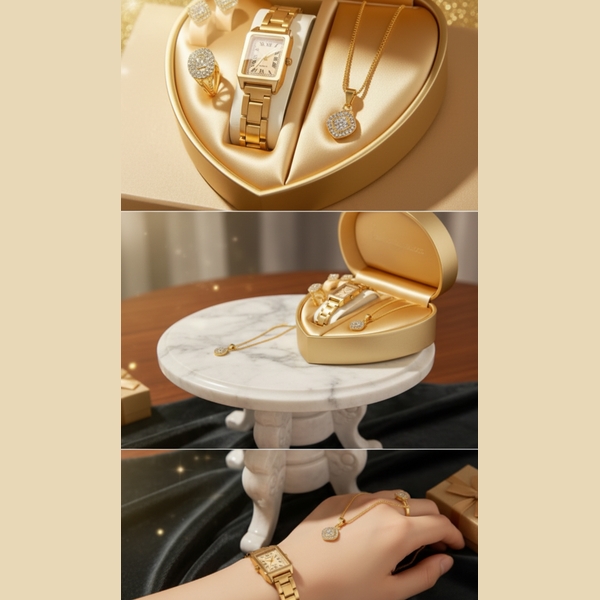 Gold jewelry set including watch, necklace, and earrings in a heart-shaped box on a marble surface.