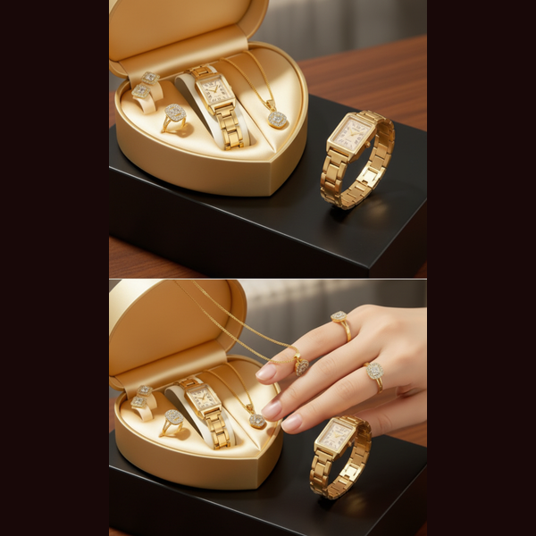 Gold jewelry set with a heart-shaped box on a wooden surface