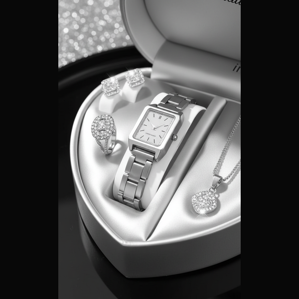 Silver watch and jewelry set in an open jewelry box on a dark surface.