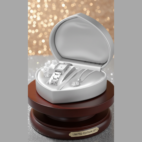 Jewelry set in a heart-shaped box with a glittery background