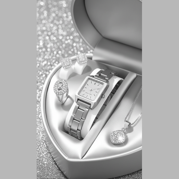 Silver watch and jewelry set in a heart-shaped box on a glittery surface