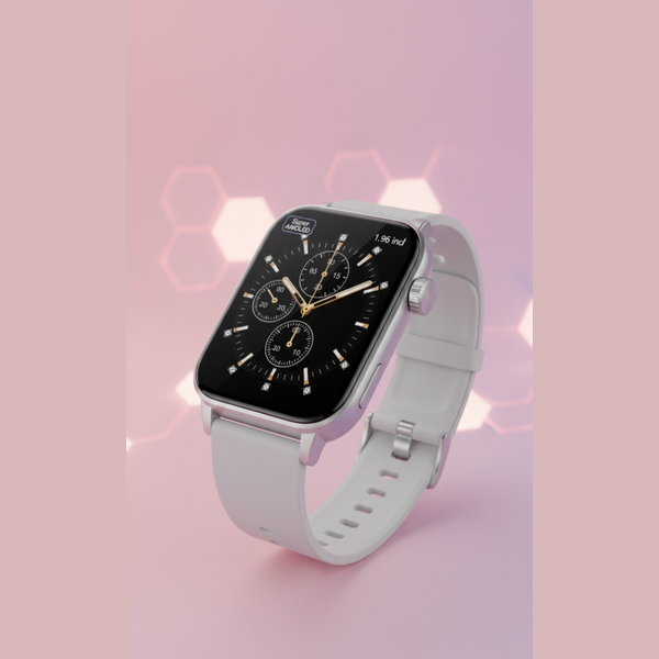 Smartwatch with a white band on a pink background