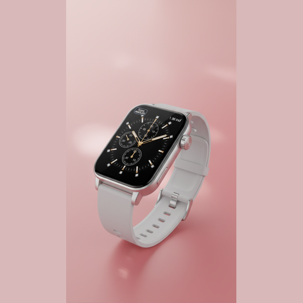 Smartwatch with a white band on a pink background