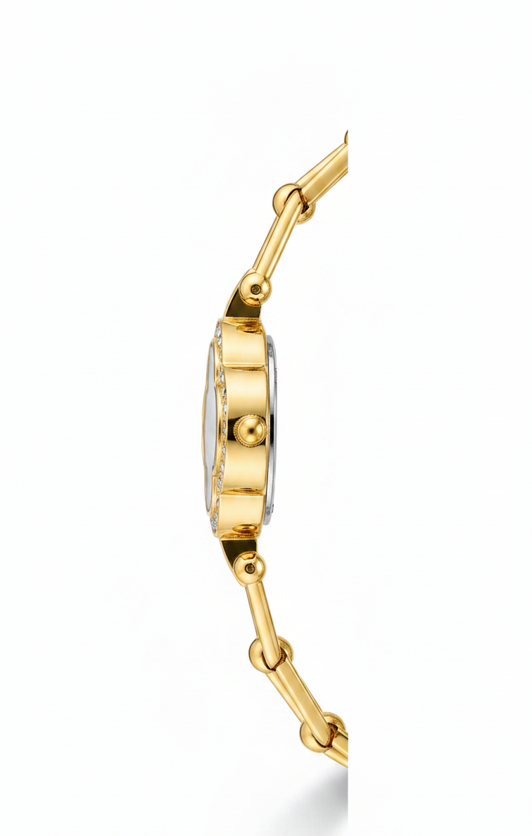 A close-up side profile of a gold-tone watch with a matching link bracelet, shown against a plain white background.