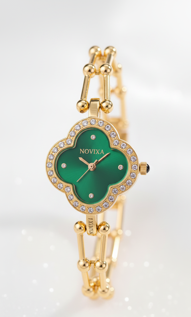 A gold-plated women's watch by Novixa featuring a green enamel four-leaf clover dial and a matching green and gold link bracelet, accented with small clear crystals.