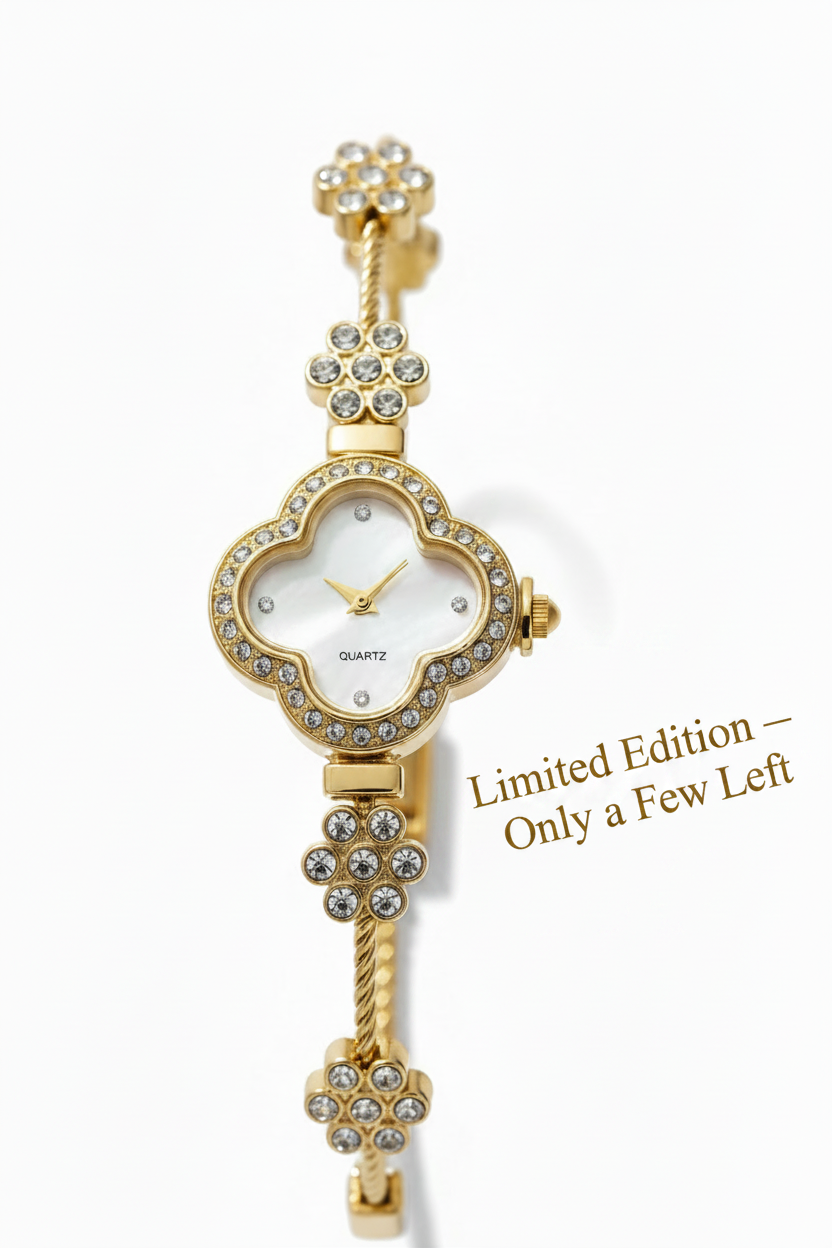 Gold-tone watch with a scalloped flower-shaped case, white dial, and crystal rhinestone accents, shown on a clean white background.