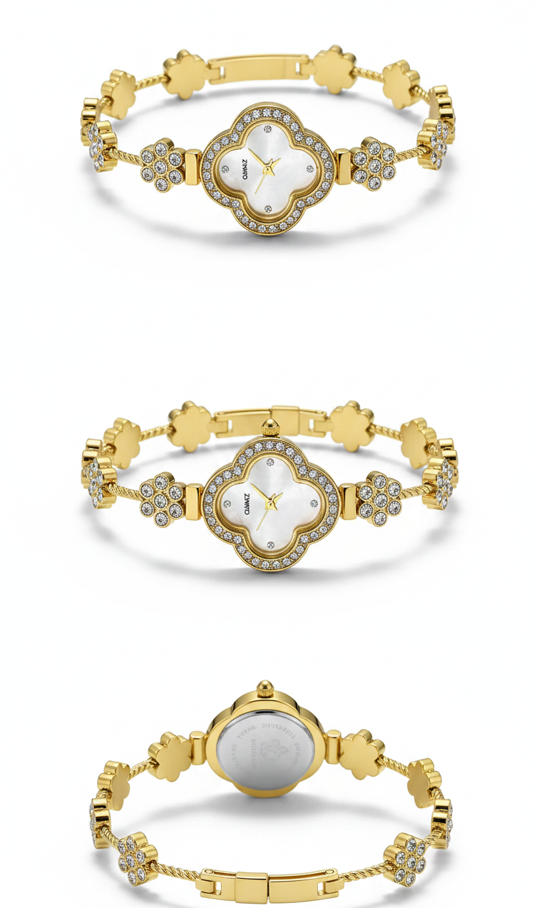 Three views of a gold-plated women's watch bracelet with a scalloped white dial, rhinestone accents, and flower-shaped links, shown on a white background.