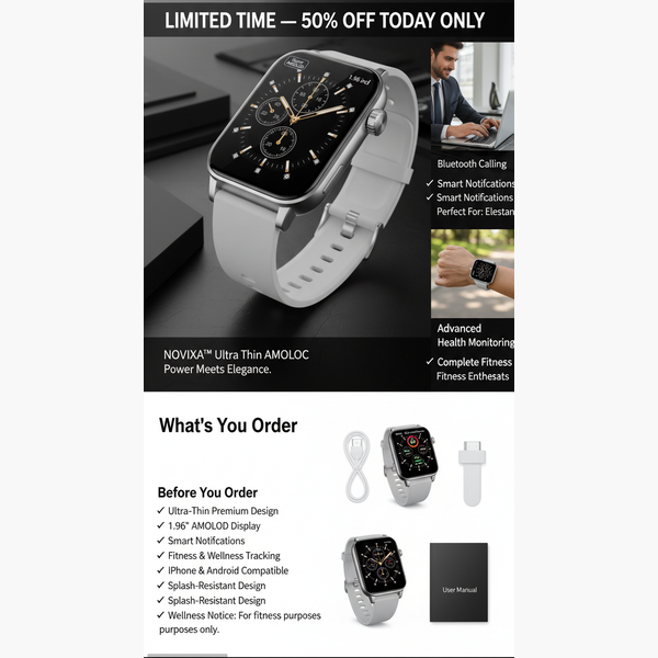 Smartwatch advertisement with features and limited-time offer