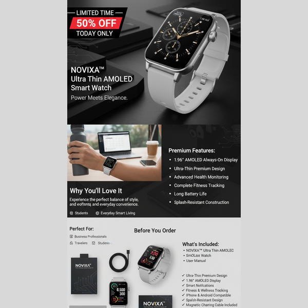 Novixa Ultra Thin AMOLED Smart Watch with features and promotional text on a dark background
