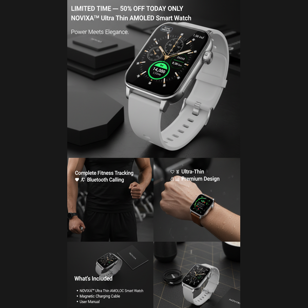 NOVIXA Ultra Thin AMOLED Smart Watch with promotional text on a dark background