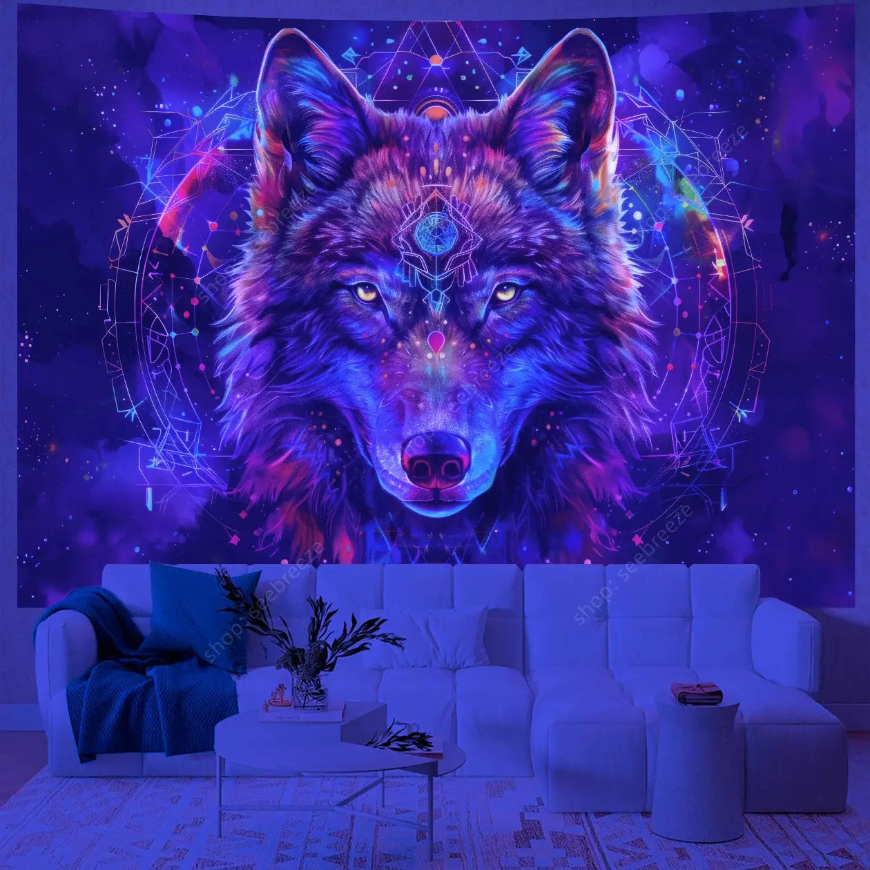 Psychedelic Wolf Wall Tapestry – UV Reactive Art Decor