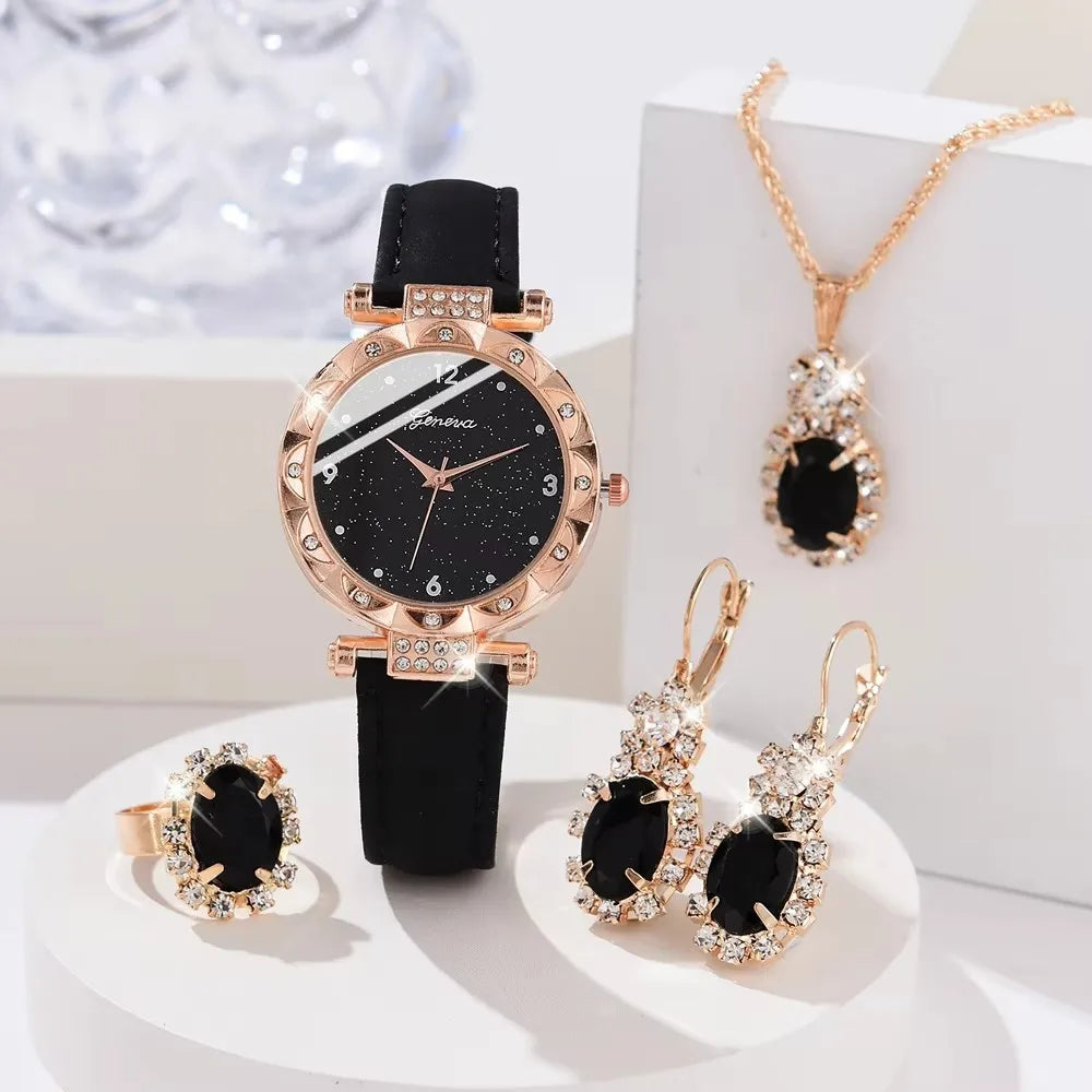 Women’s Rhinestone Quartz Watch Set With Leather Band