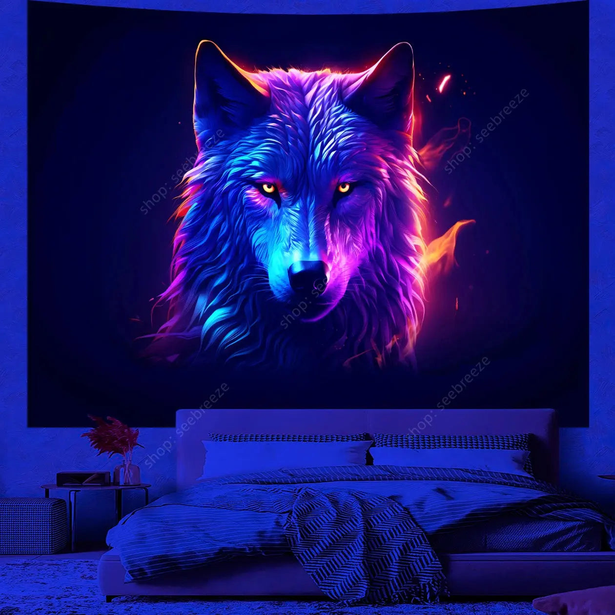 Psychedelic Wolf Wall Tapestry – UV Reactive Art Decor