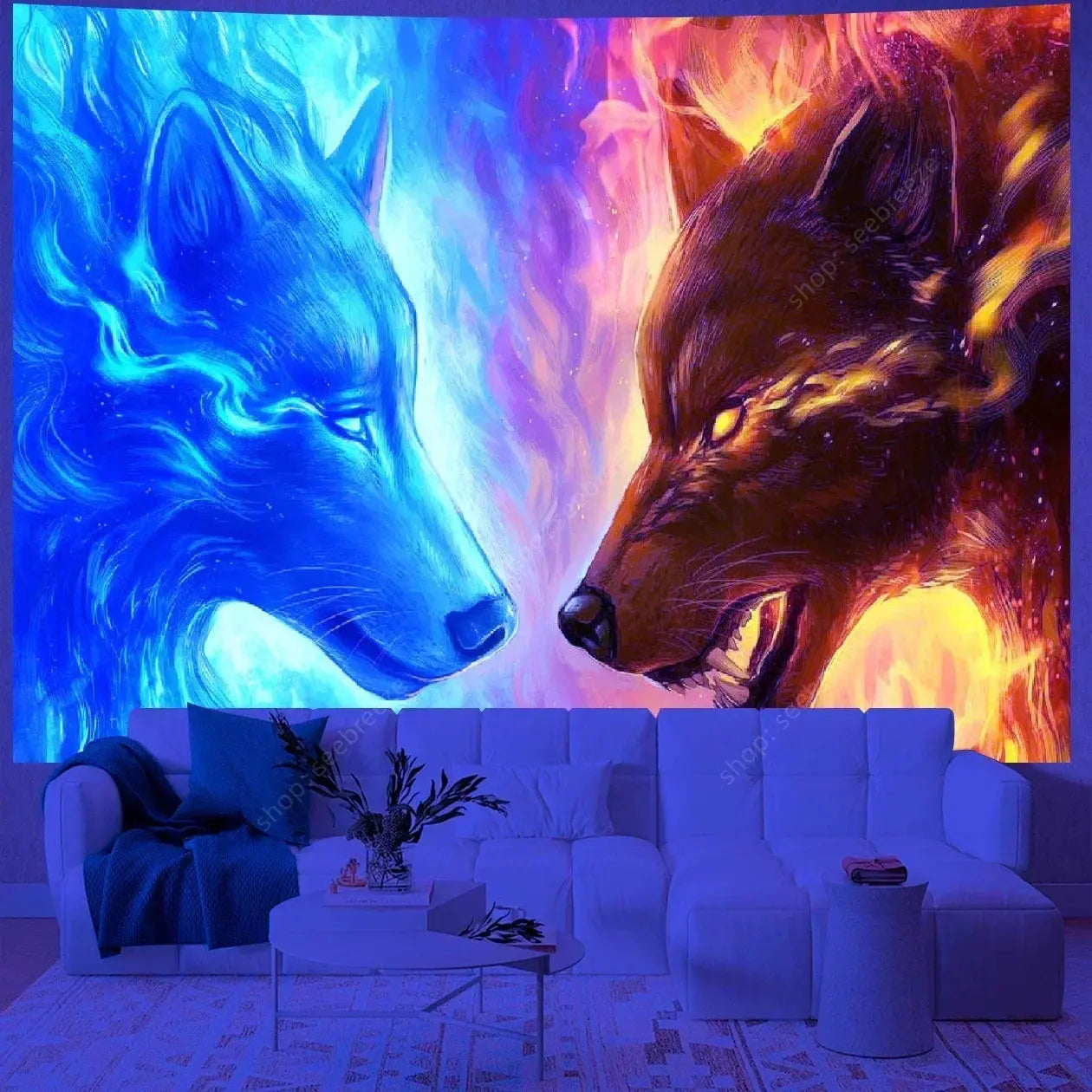 Psychedelic Wolf Wall Tapestry – UV Reactive Art Decor
