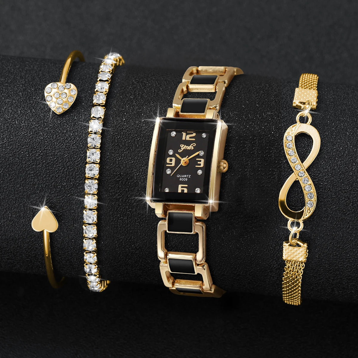 4-Piece Rhinestone Watch & Bracelet Set for Women — Elegant Square Dial, Quartz