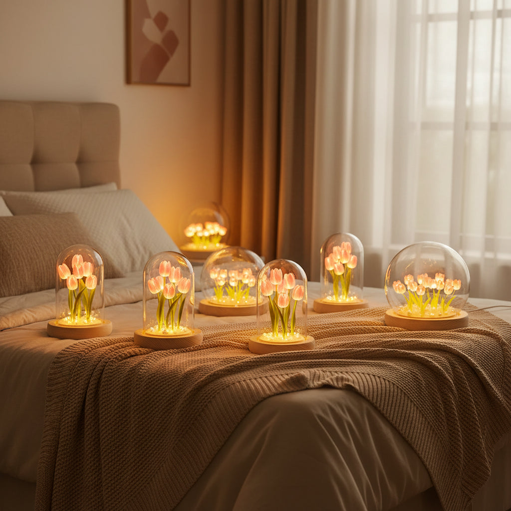 DIY Tulip Night Light Lamp With Glass Dome And Wooden Base
