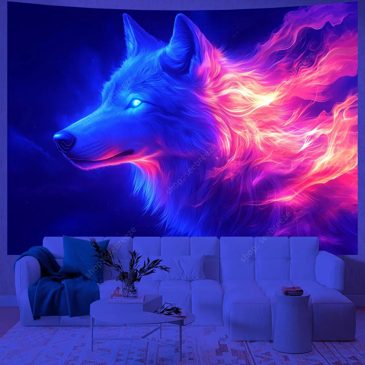 Psychedelic Wolf Wall Tapestry – UV Reactive Art Decor