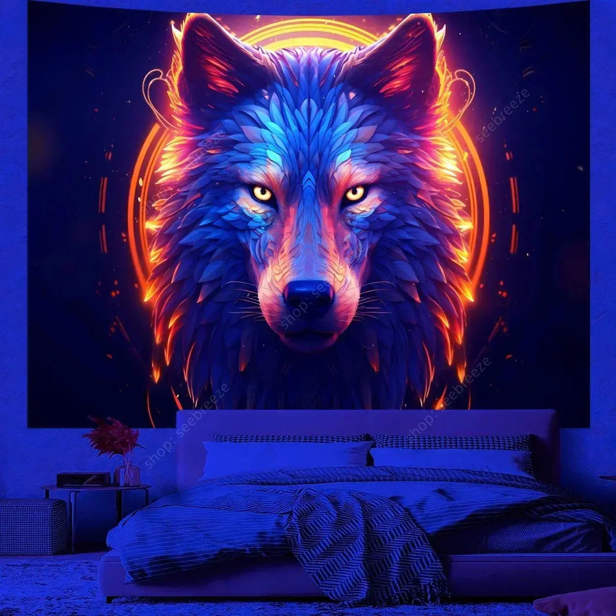 Psychedelic Wolf Wall Tapestry – UV Reactive Art Decor