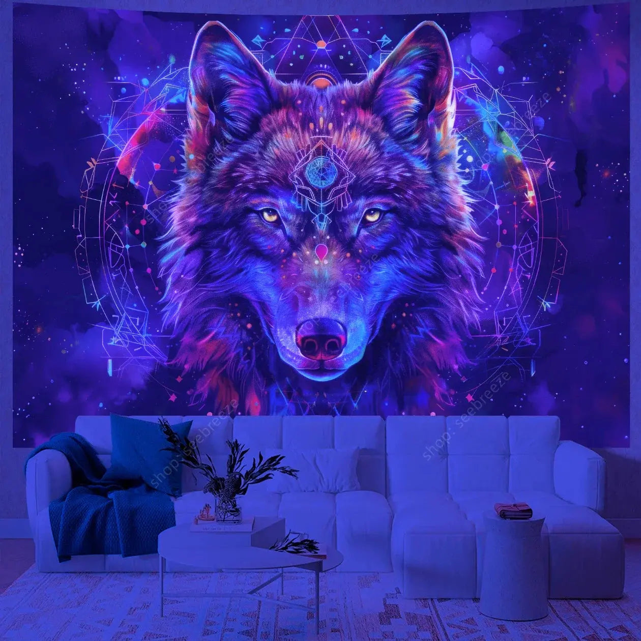 Psychedelic Wolf Wall Tapestry – UV Reactive Art Decor