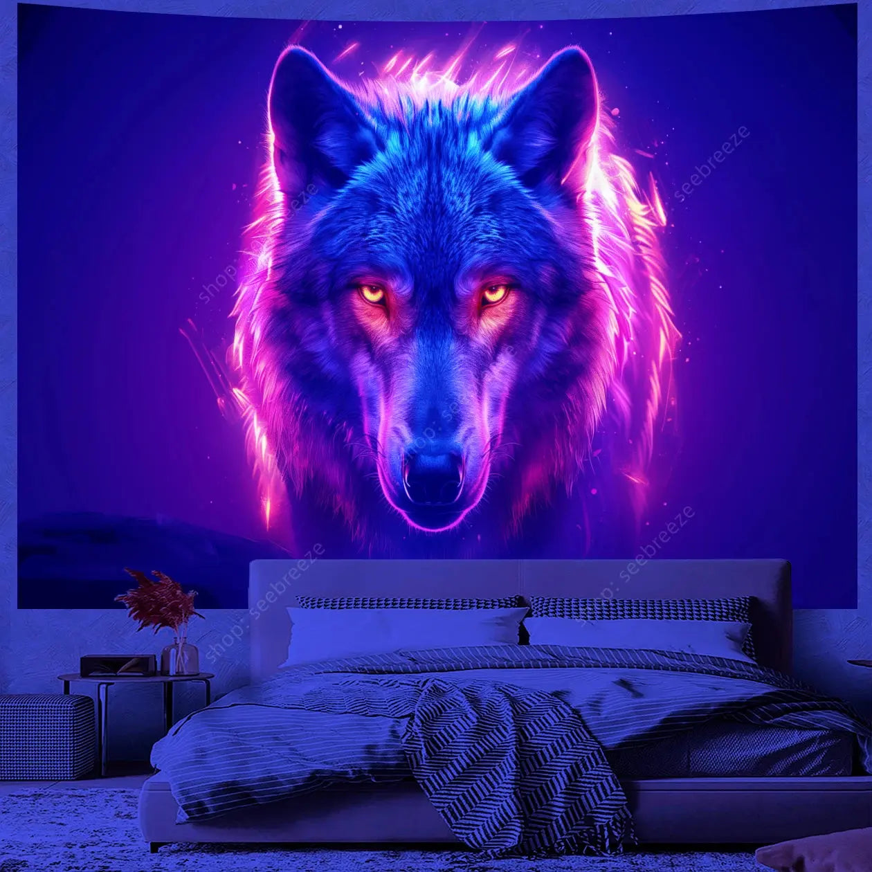 Psychedelic Wolf Wall Tapestry – UV Reactive Art Decor