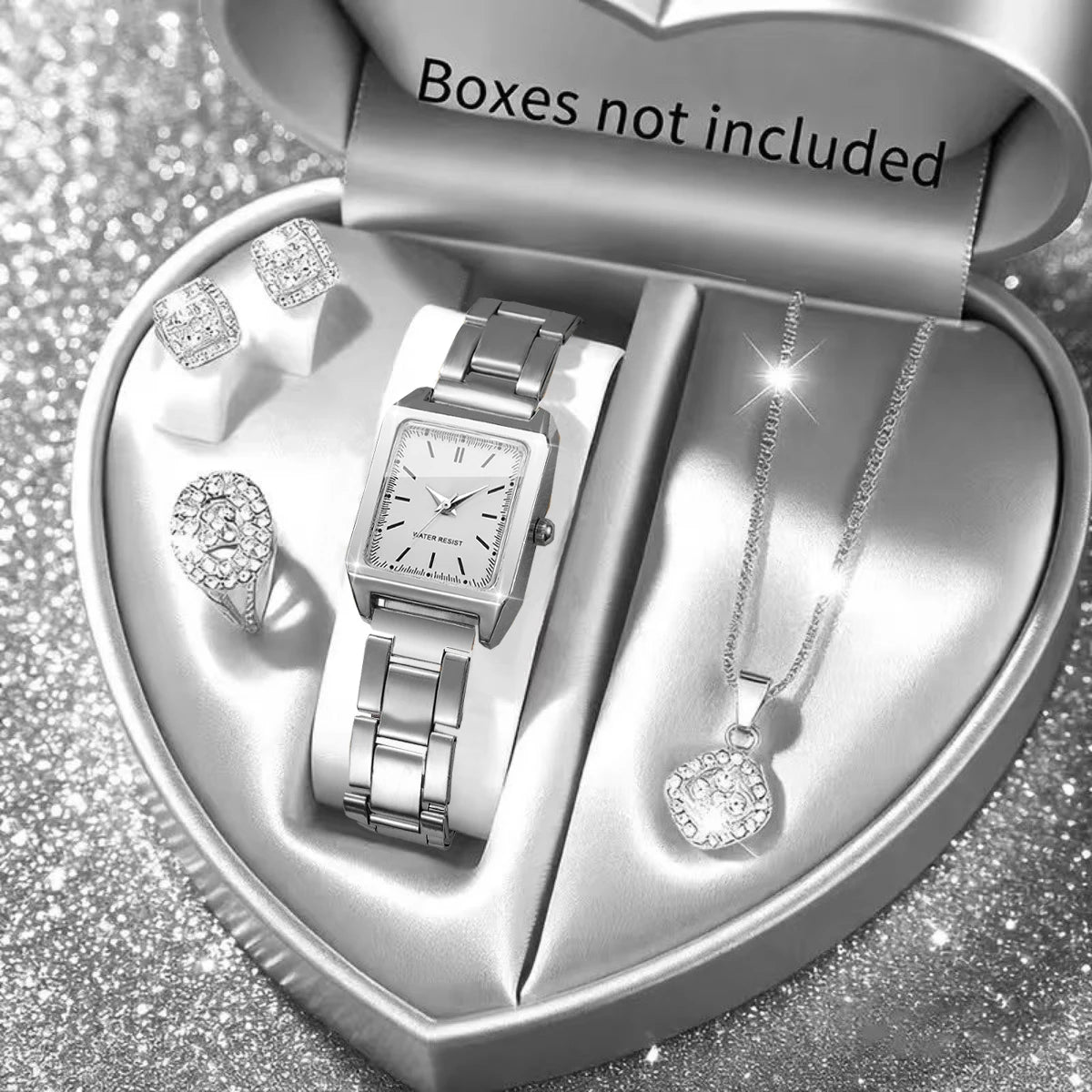 5-Piece Rhinestone Jewelry Watch Set for Women — Square Dial, Quartz, Gold & Silver