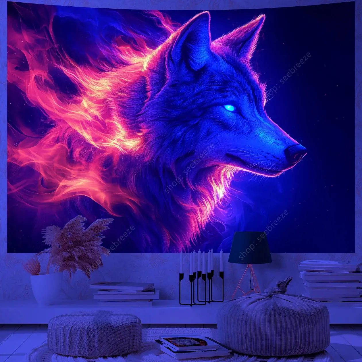 Psychedelic Wolf Wall Tapestry – UV Reactive Art Decor