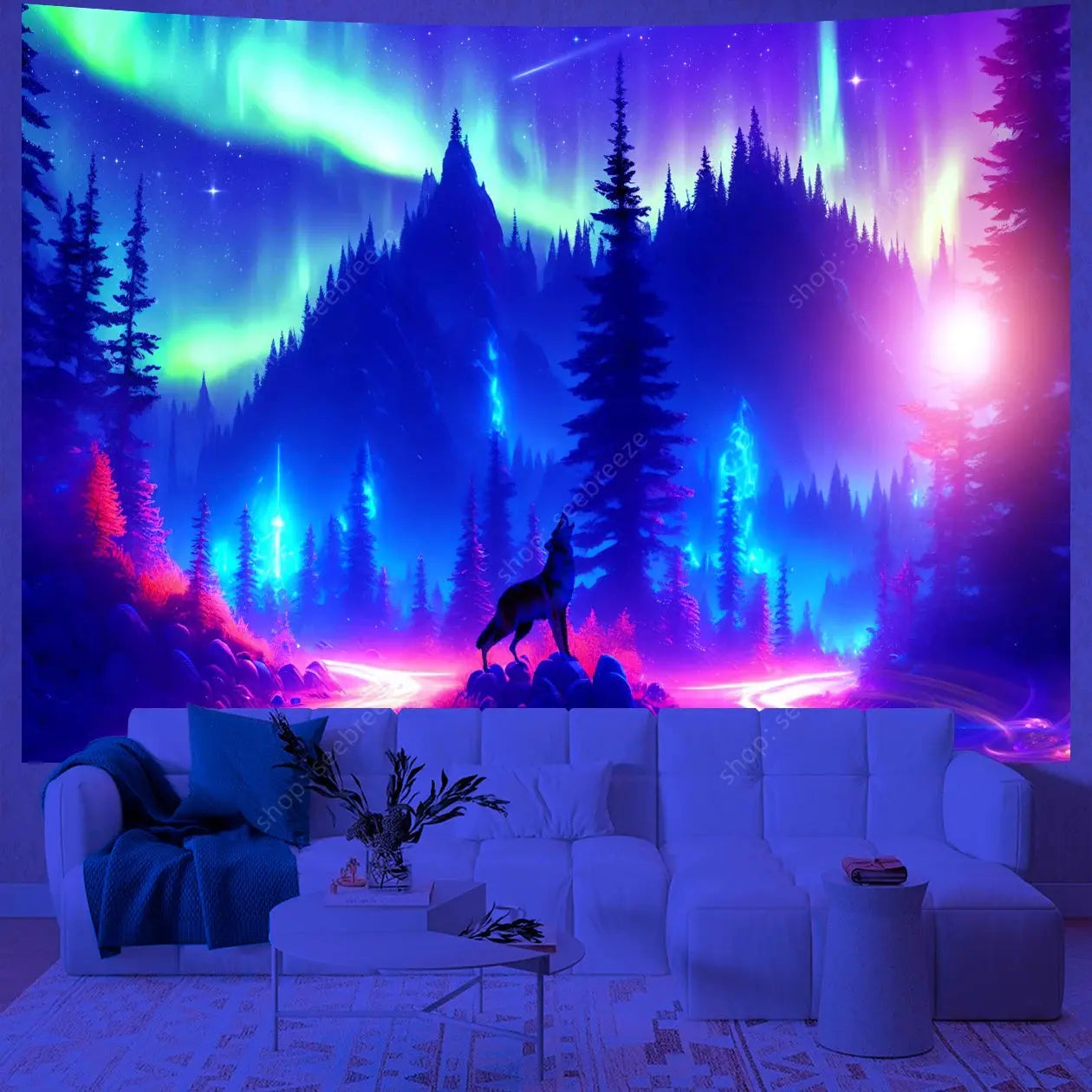 Psychedelic Wolf Wall Tapestry – UV Reactive Art Decor