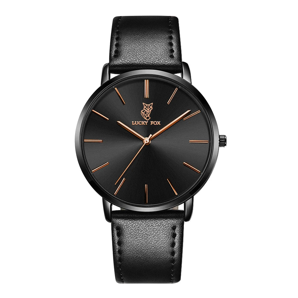 LUCKY FOX | Luxury Round-Dial Quartz Watch for Men & Women — Leather Strap