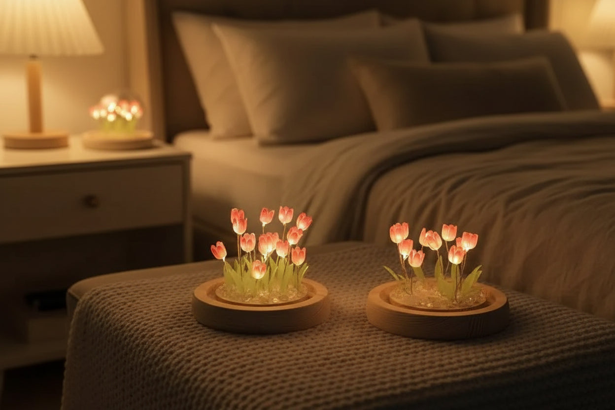 DIY Tulip Night Light Lamp With Glass Dome And Wooden Base