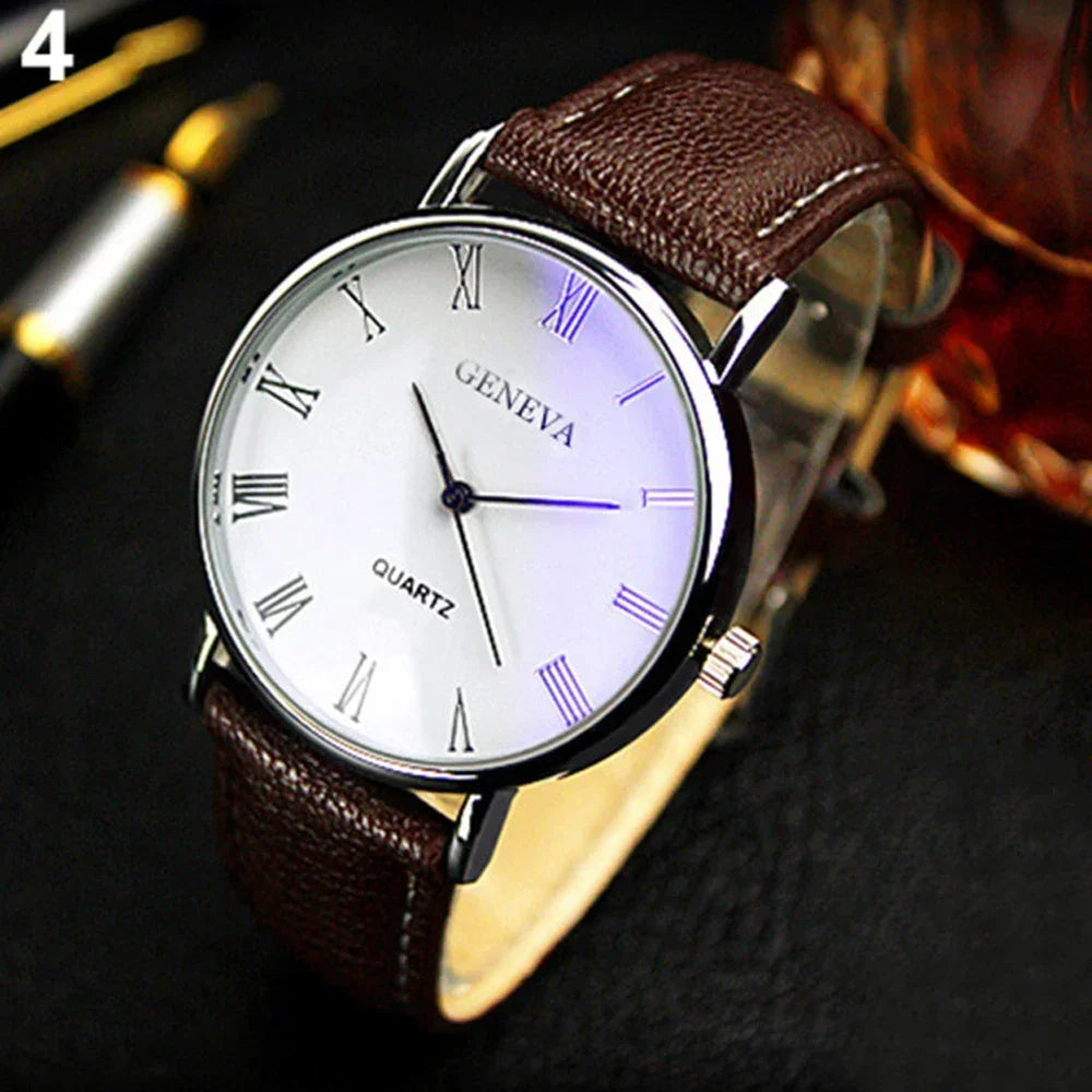 NOVIXA Classic Vintage Men's Watch — Roman Numerals, Blu-Ray Glass & Leather Strap