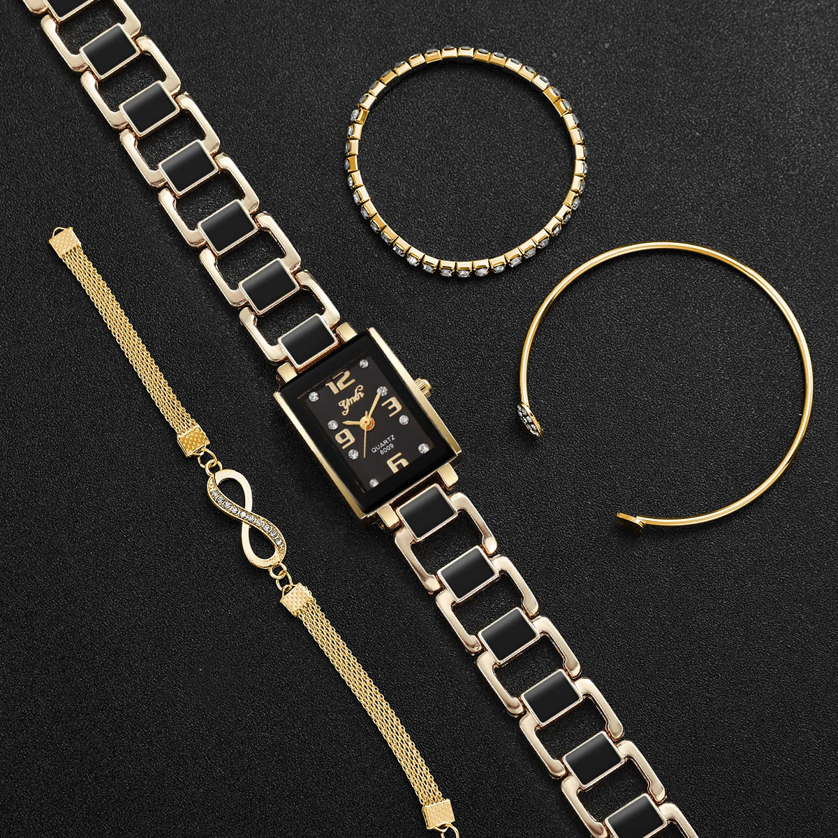 4-Piece Rhinestone Watch & Bracelet Set for Women — Elegant Square Dial, Quartz