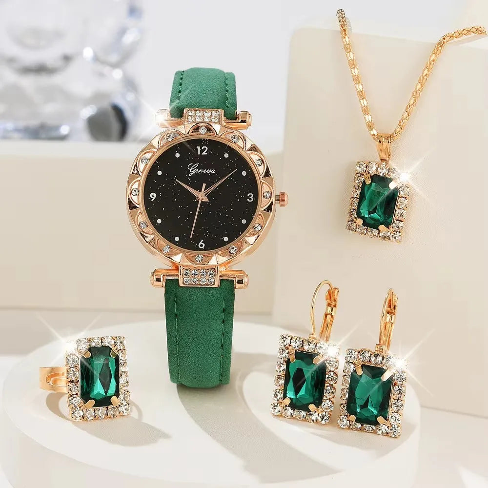 Women’s Rhinestone Quartz Watch Set With Leather Band