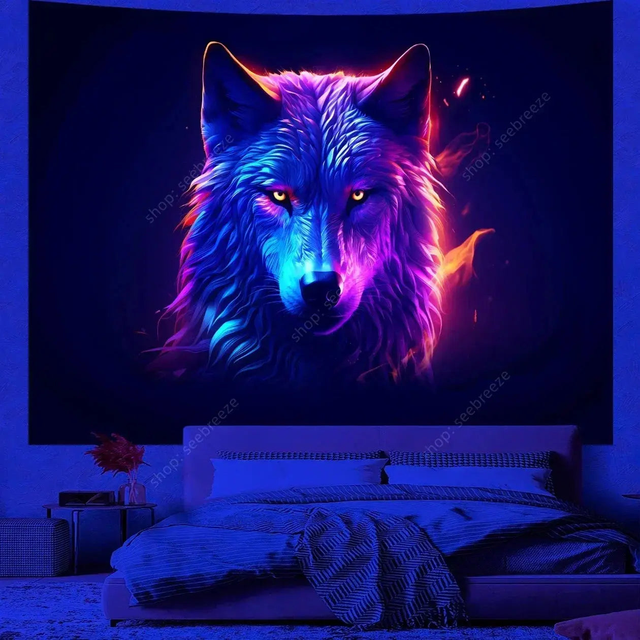 Psychedelic Wolf Wall Tapestry – UV Reactive Art Decor