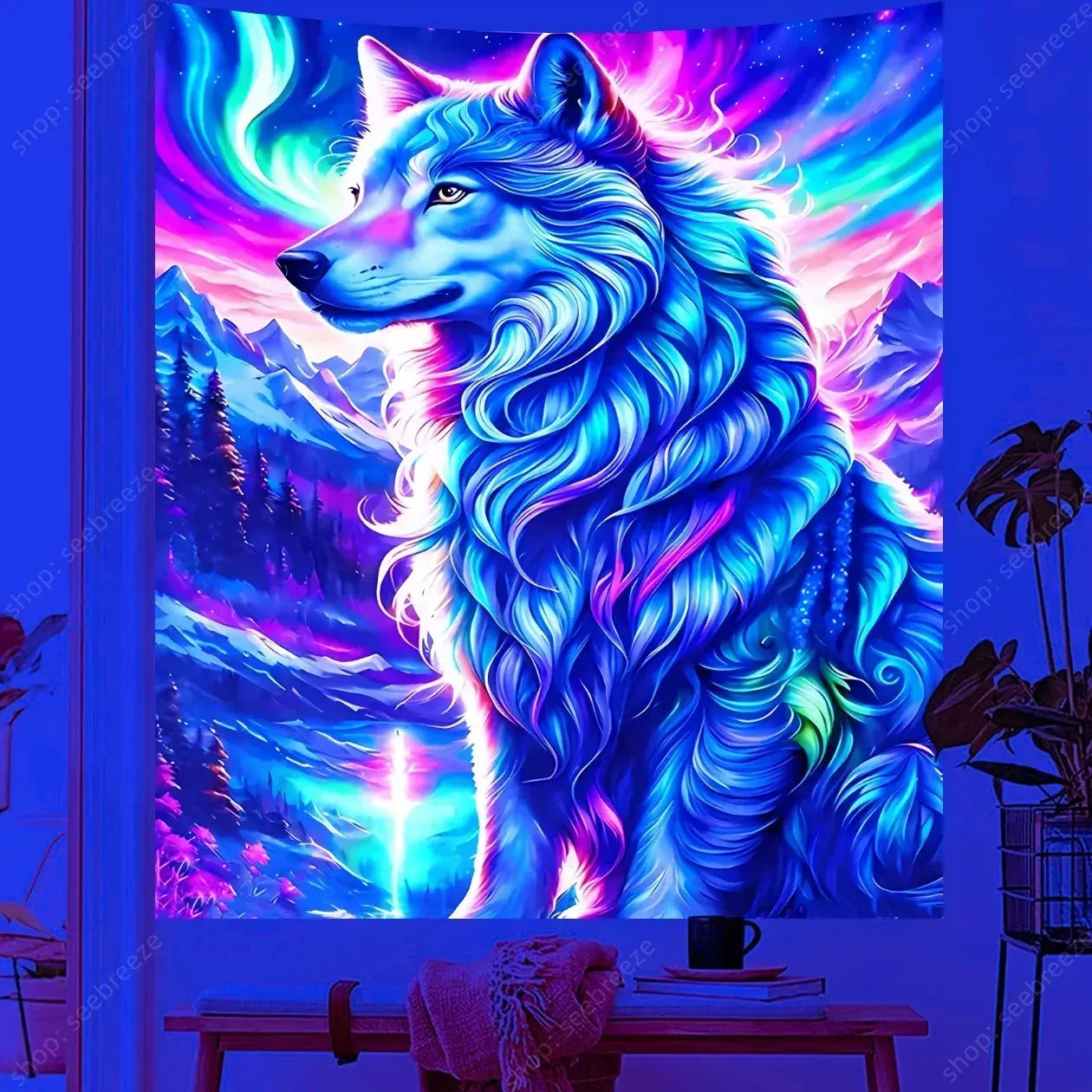 Psychedelic Wolf Wall Tapestry – UV Reactive Art Decor