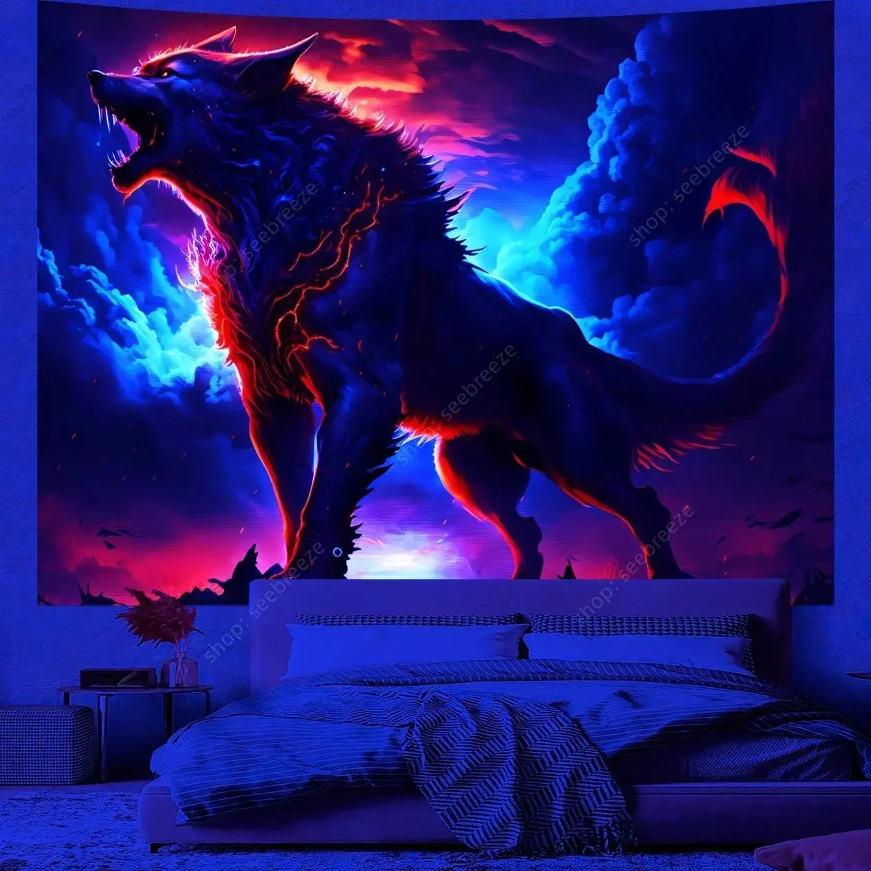 Psychedelic Wolf Wall Tapestry – UV Reactive Art Decor