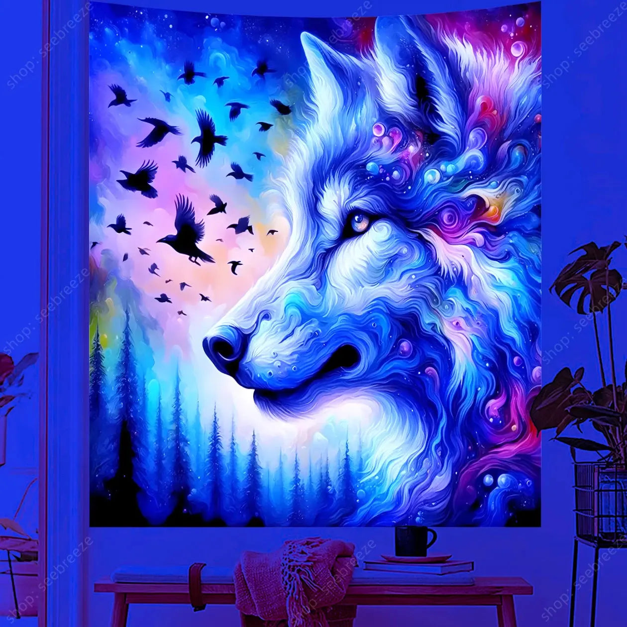 Psychedelic Wolf Wall Tapestry – UV Reactive Art Decor
