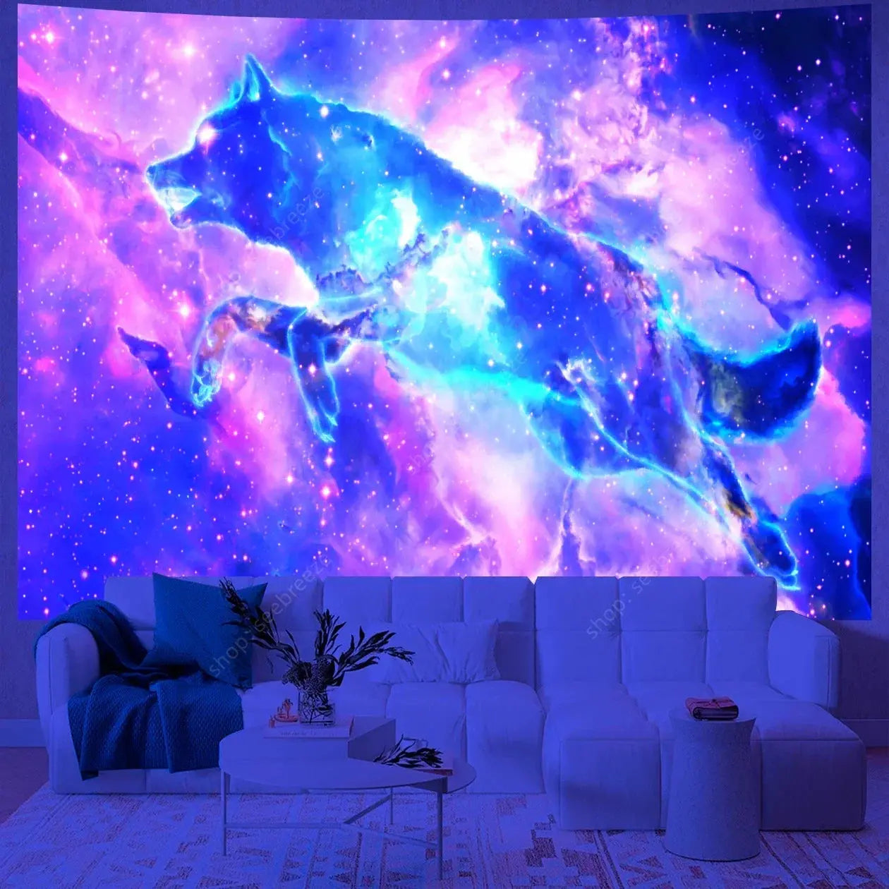 Psychedelic Wolf Wall Tapestry – UV Reactive Art Decor