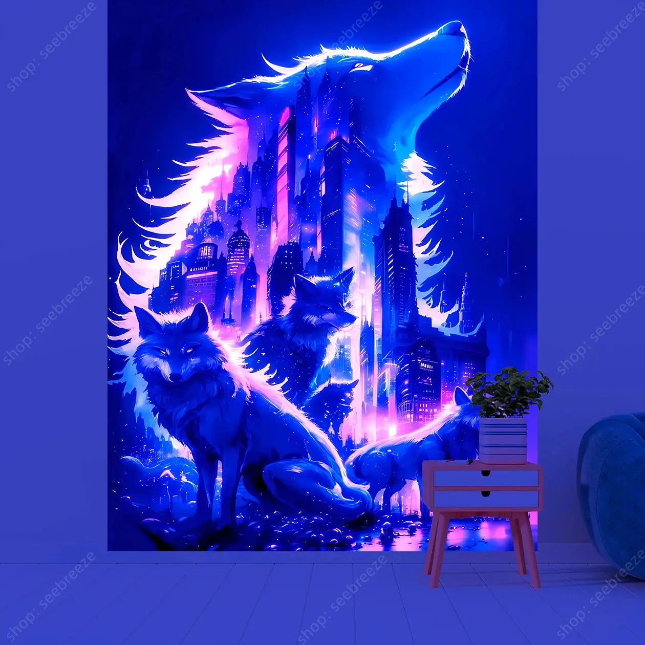 Psychedelic Wolf Wall Tapestry – UV Reactive Art Decor