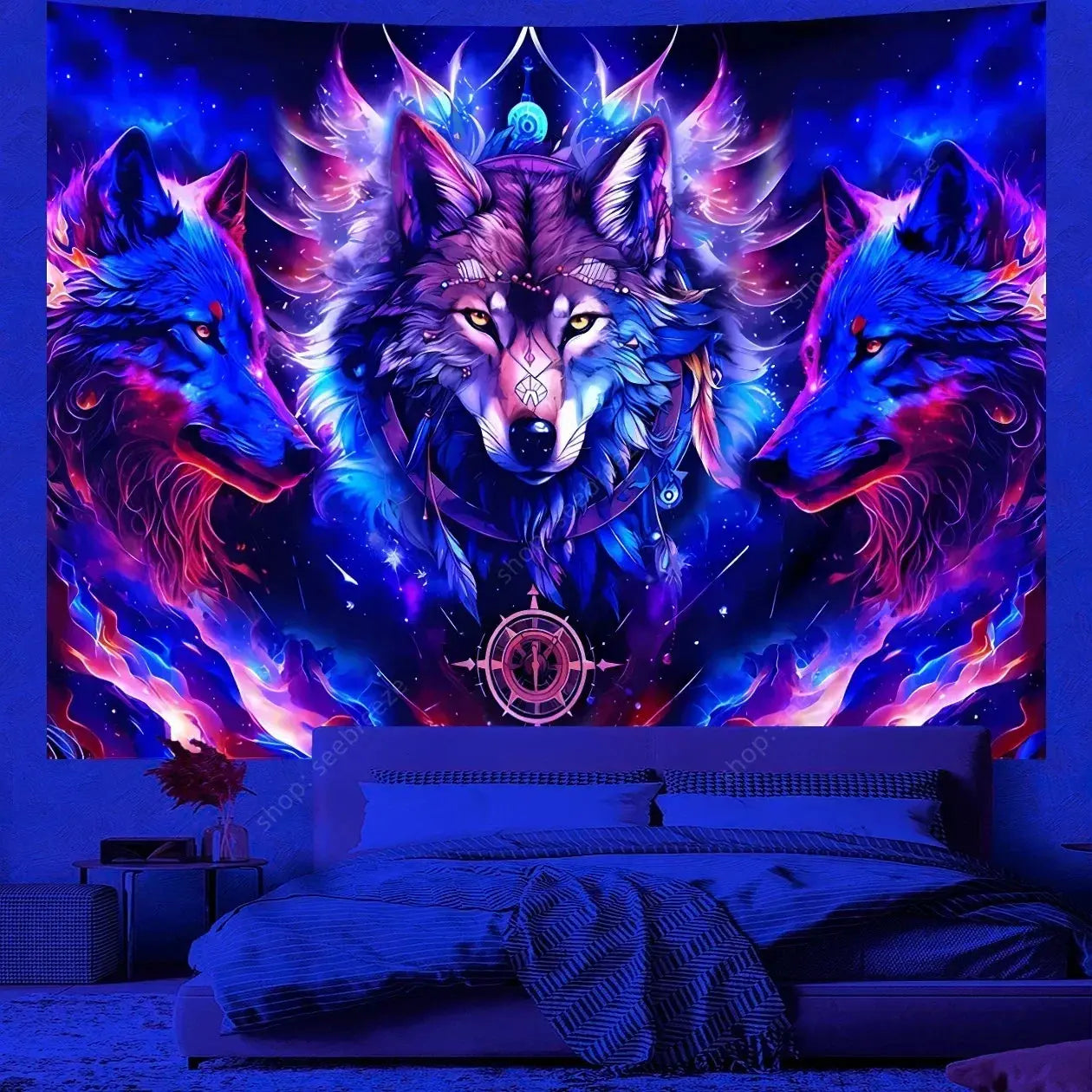 Psychedelic Wolf Wall Tapestry – UV Reactive Art Decor