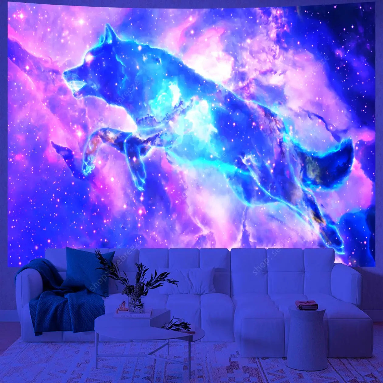 Psychedelic Wolf Wall Tapestry – UV Reactive Art Decor